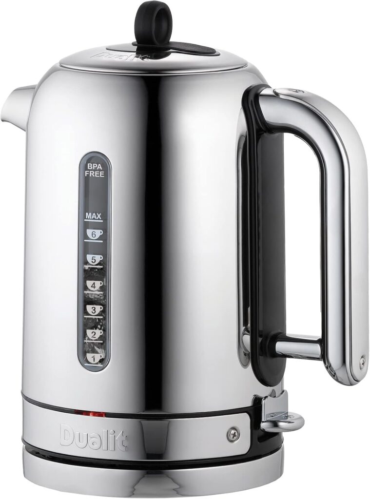 Dualit Classic Kettle – Polished Stainless Steel with Black trim- Quiet boiling kettle – 90 Second Boil Time – 1.7L Capacity, 1.5kW