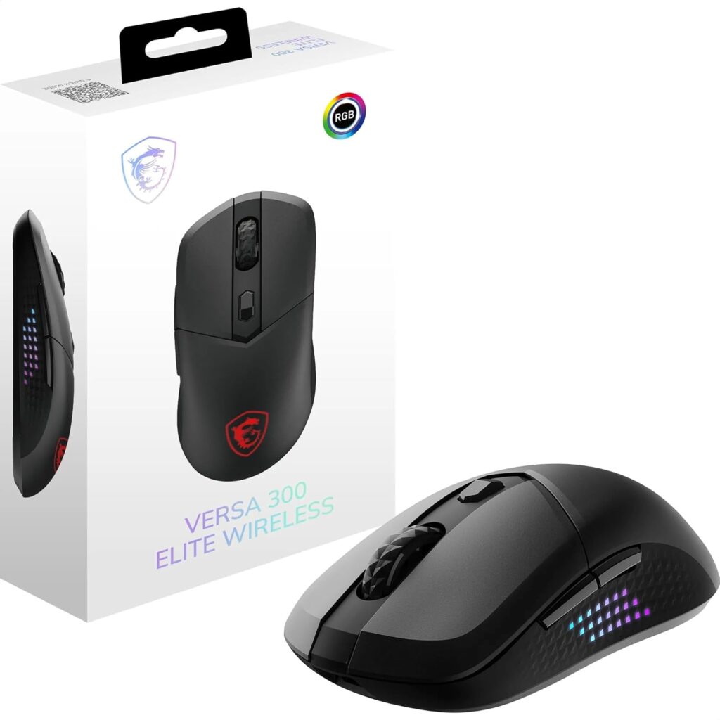 MSI VERSA 300 ELITE WIRELESS Gaming Mouse – 26000 DPI Optical Sensor, 1000 Hz polling rate, Symmetrical, 60M+ Click OMRON Switches, 6 Buttons, 200-Hour Battery, 1ms Latency, RGB, 65g – Wired/Wireless