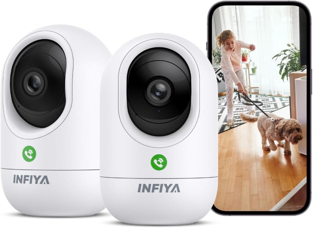 2K Security Camera Indoor-360 Cameras for Home Security and One-Tap Call, Elderly/Cat/Baby/Nanny, Motion Alert, Intelligent Tracking, 2.4GHz WiFi Only, Work with Alexa/Google Home, K7 2Pack