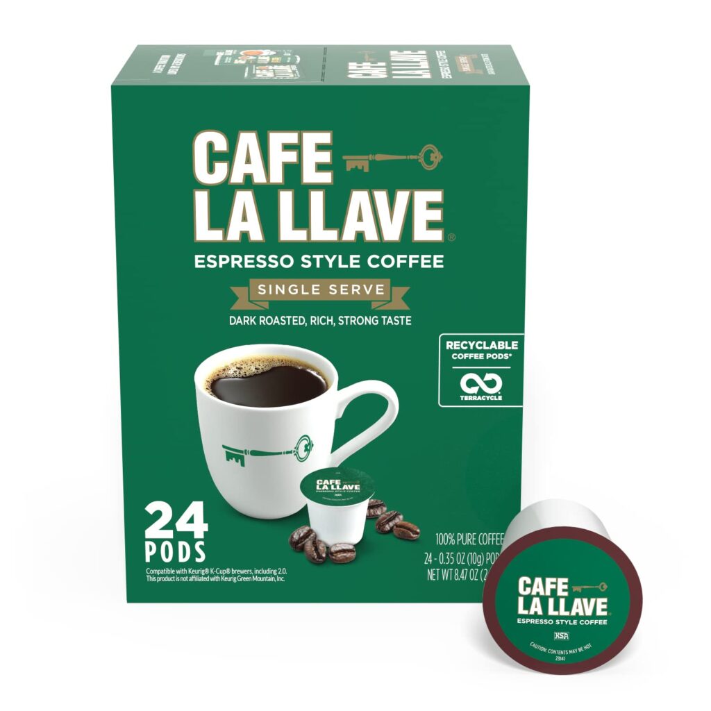 Cafe La Llave Espresso-Style Dark Roast Coffee Pods for Keurig K-Cup Brewers – Bold, Rich Flavor – 24 Count Single Serve Recyclable Capsules- Family Crafted