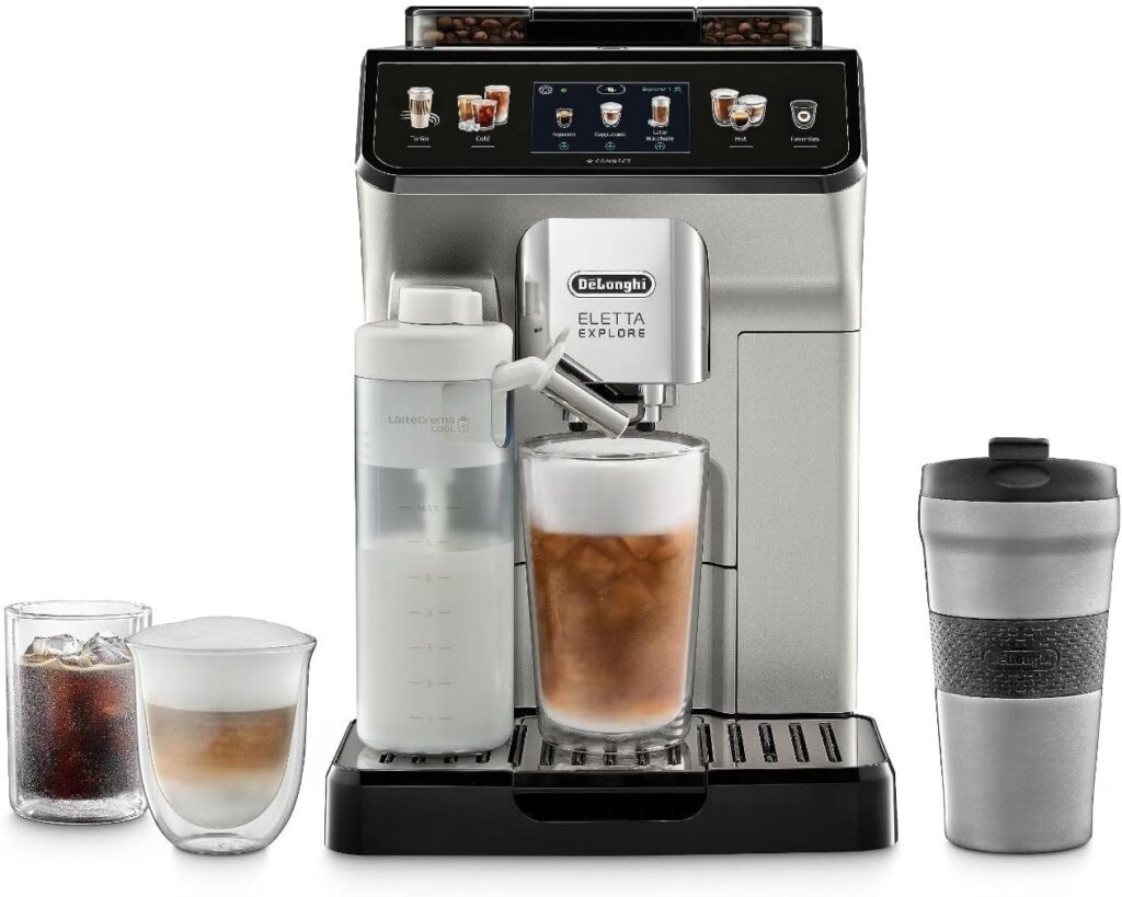 De’Longhi Eletta Explore Espresso Machine with Cold Brew, Hot & Cold Milk Frother – 50+ Recipes, Built in Grinder, User Profiles, Smartphone Compatible with Bean Adapt Technology for Ideal Extraction