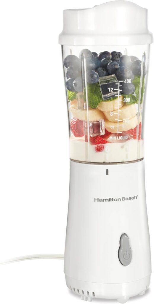 Hamilton Beach Portable Blender for Shakes and Smoothies, 14 Oz BPA Free Travel Cup & Lid, Durable Stainless Steel Blades, Personal Smoothie Blender, White ( 51101V)
