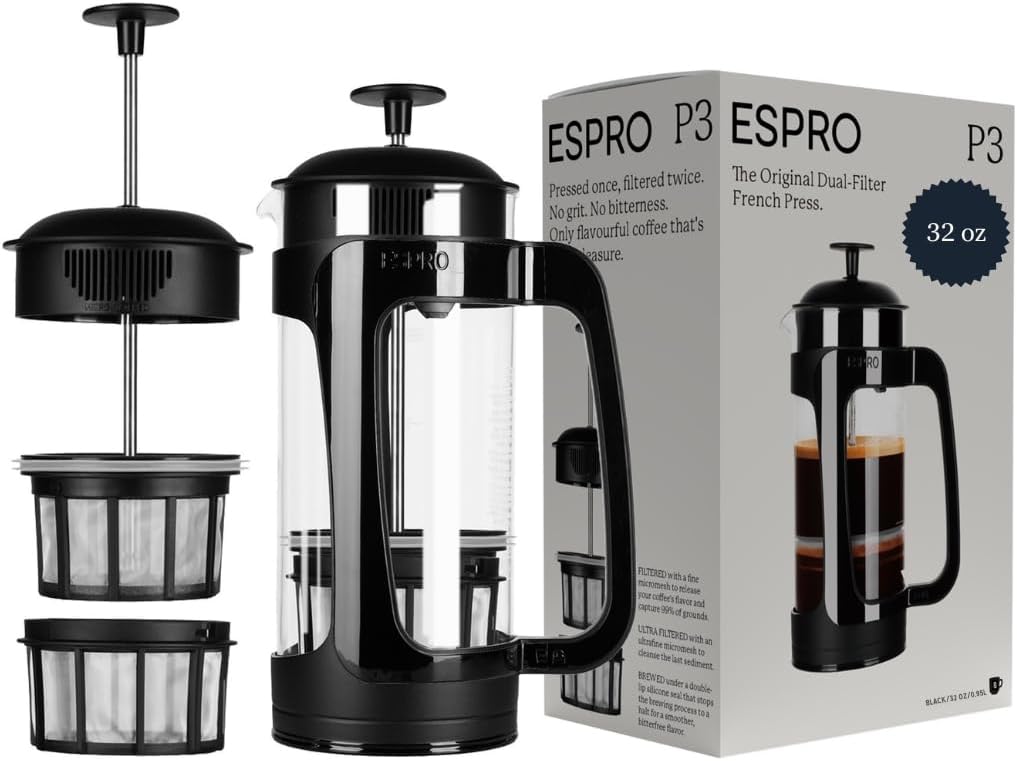 ESPRO – P3 French Press Coffee Maker – Patented Double Microfilter for Sludge and Grit Free Coffee, Black, 32 oz