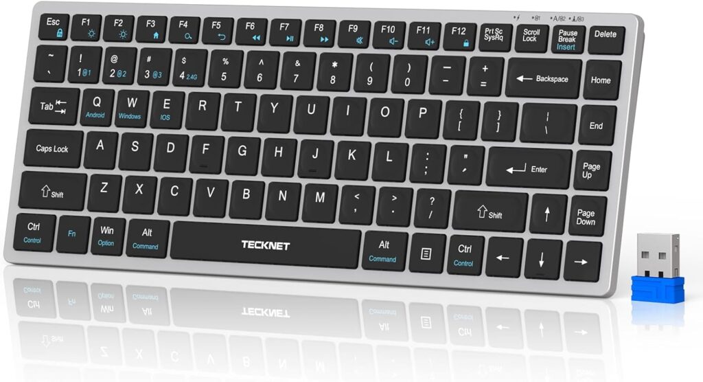 TECKNET Bluetooth Keyboard Rechargeable, 4-Device (2.4G+3BT) Wireless Keyboard, Ultra-Slim Quiet Typing, 14 Hotkeys Computer Keyboard for PC/Laptop/Smart TV/Tablet