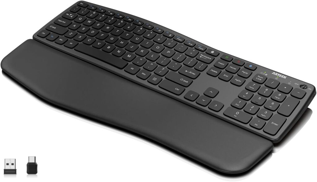 Arteck Multi-Device Comfortable Wireless Bluetooth Keyboard with Nano USB-A, USB-C Type C Receiver Palm Wrist Rest Full Size Keyboard for Windows iPad OS Android, Computer Desktop Laptop PC Tablet