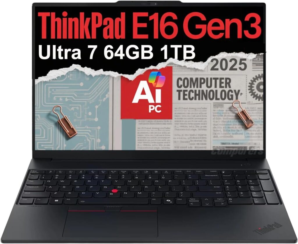 Lenovo ThinkPad E16 Gen 3 Business AI PC Laptop (16″ FHD+ Anti-Glare, Intel 16-Core Ultra 7 255H (> i9-13900H), 64GB DDR5 RAM, 1TB SSD) Thunderbolt 4, Fingerprint, 5MP Webcam, Win 11 Pro, 2025