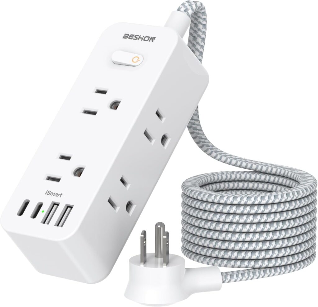 Power Strip Surge Protector, BESHON 5Ft Extension Cord, 6 Outlets with 4 USB Ports (2 USB C Outlet), 3-Side Outlet Extender, Wall Mount, Compact for Travel, Home, School, College Dorm Room and Office