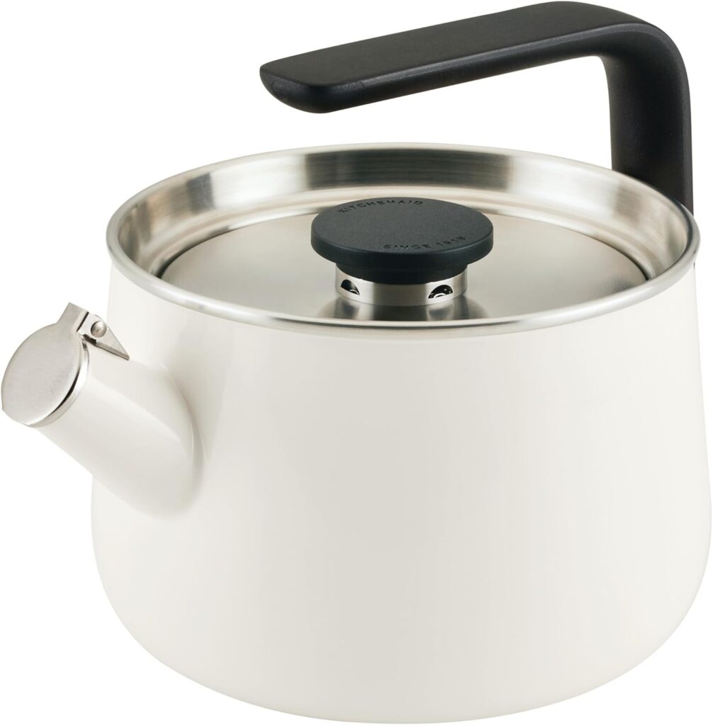 KitchenAid Teakettles Enamel-on-Steel Stovetop Whistling Teakettle, Induction Ready, Stainless steel Lid, 2 Quart – White