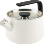 KitchenAid Teakettles Enamel-on-Steel Stovetop Whistling Teakettle, Induction Ready, Stainless steel Lid, 2 Quart – White