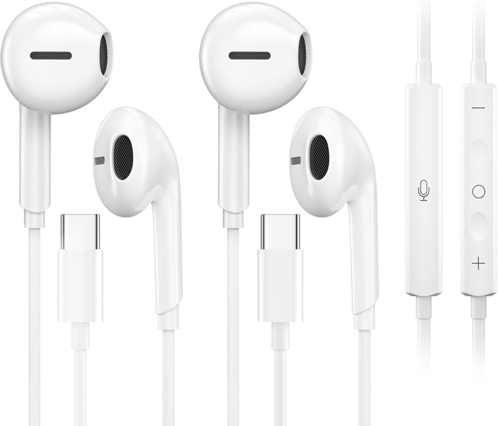 2 Packs USB C Headphones for iPhone 16/15 Pro Max iPad Plus Type C Earphones with Microphone Volume Control USB C Wired Earbuds USB Type C Earphone for Samsung S25 Ultra S24 S23 S22 S21 S20 A55