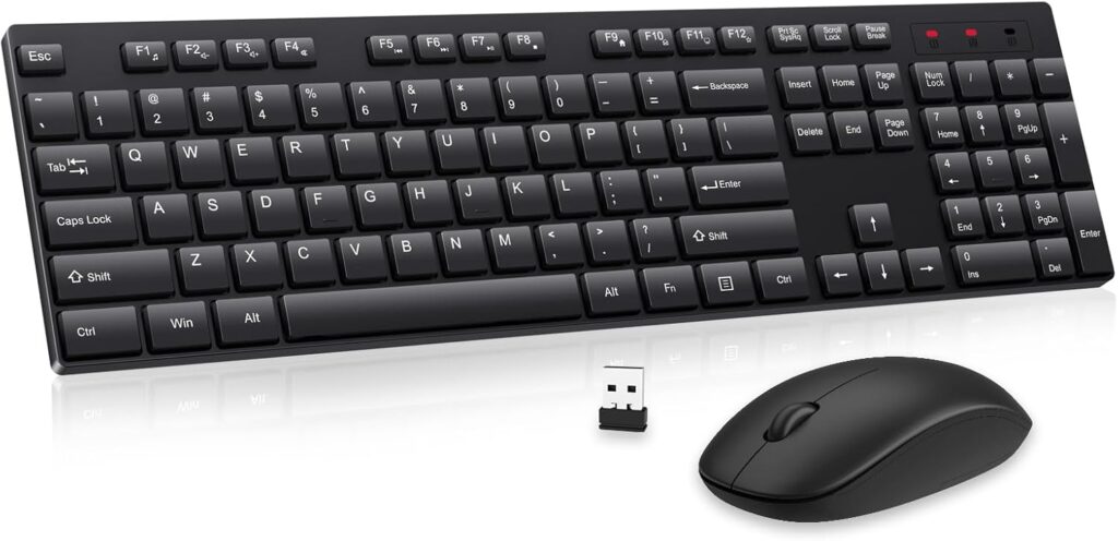 Wireless Keyboard and Mouse Combo, EDJO Silent Full Size Cordless USB Keyboard Mouse, 2.4GHz Lag-Free, Long Battery Life, for Computer, Laptop, PC, Chromebook, Windows (Black, 1 Pack)