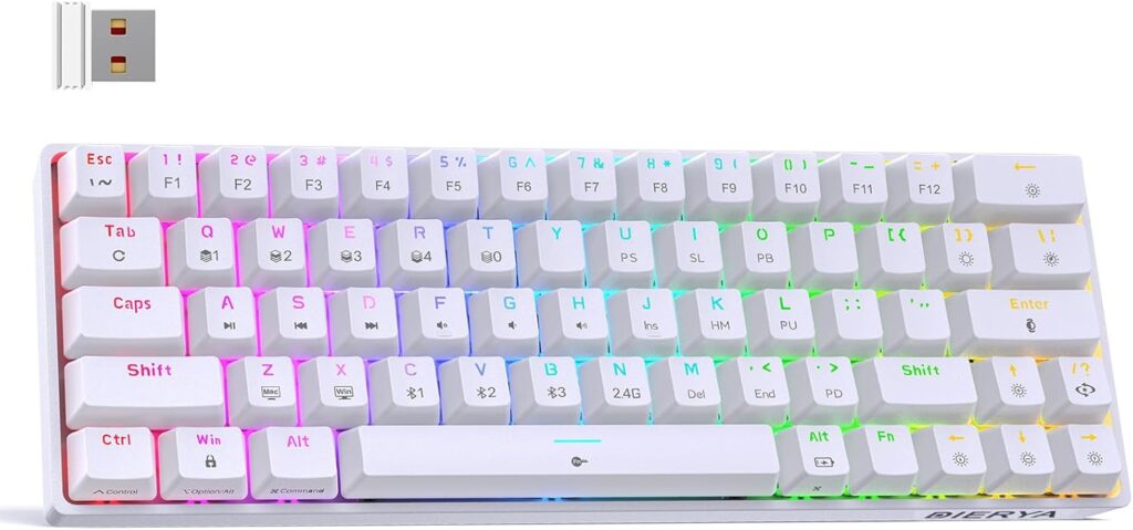 DIERYA DK63 60% Wireless Mechanical Gaming Keyboard | Bluetooth/2.4G/Wired | RGB Backlit | Anti-Ghosting Compact 63-Keys Mini Keyboard | with Red Switch | for Windows Laptop PC Gamer Typist-White