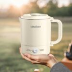 Stariver Portable Travel Kettle, 600ML Small Electric Kettle with Foldable Handle, Food Grade Stainless Steel Collapsible Water Boiler with Dual Modes, Compact for RV, Business Trip, Camping, Beige