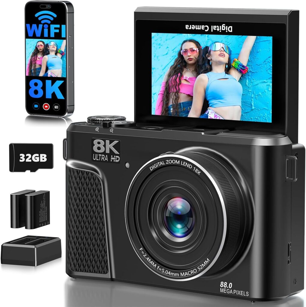 8K Digital Camera for Photography, 88MP WiFi Vlogging Camera for YouTube, 3″ 180°Flip Screen & 18X Digital Zoom Autofocus Vlog Cameras with Lens Cap, 32GB Card, 2 Batteries, Gunmetal