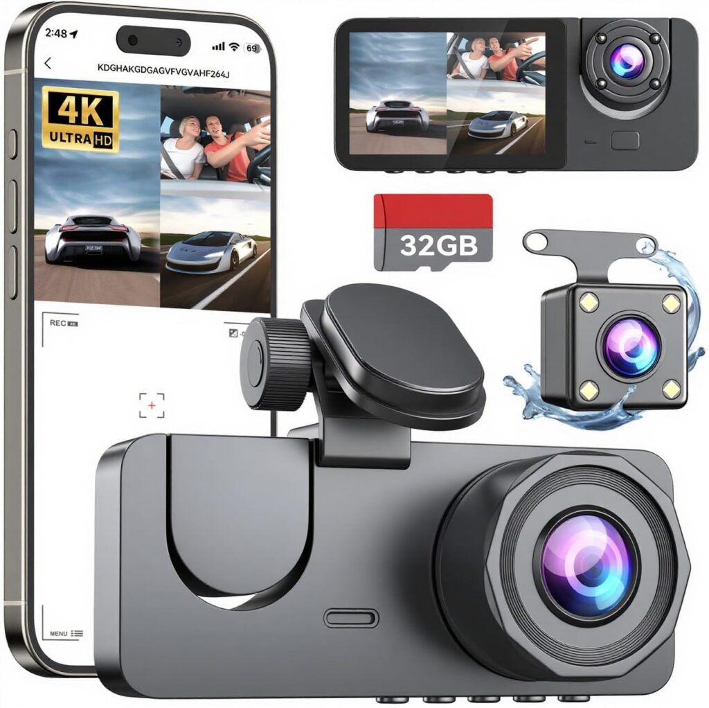 Dash Cam Front and Rear Inside,4K Full HD 3 Channel Dash Camera for Cars, Free 32GB Card,2” IPS Dashcam with Night Vision, G-Sensor, 24H Parking Mode, 170°Wide Angle, Loop Recording