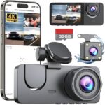 Dash Cam Front and Rear Inside,4K Full HD 3 Channel Dash Camera for Cars, Free 32GB Card,2” IPS Dashcam with Night Vision, G-Sensor, 24H Parking Mode, 170°Wide Angle, Loop Recording