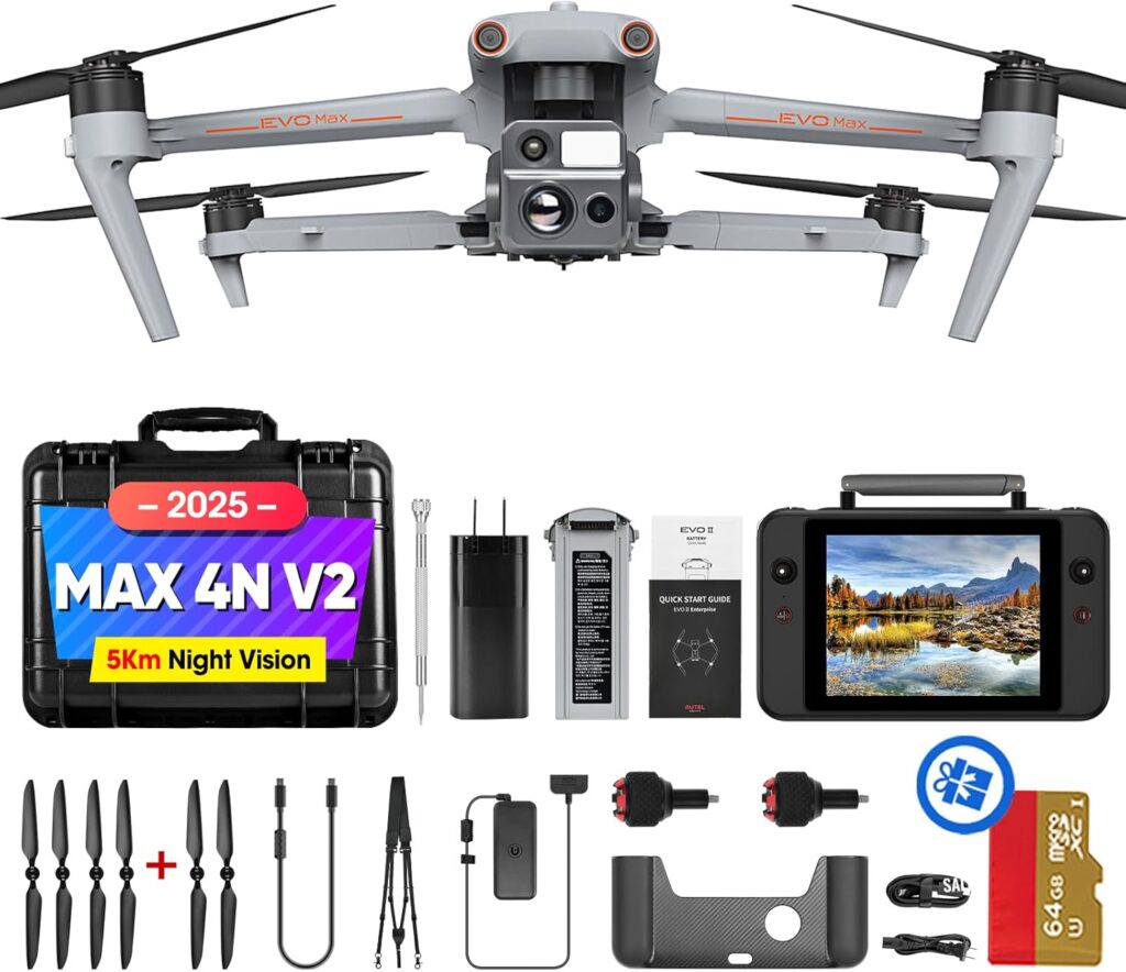 Autel Robotics EVO MAX 4N V2, Starlight Night-Vision/ Wide/ Thermal/ L~aser 4 Cameras in One UAV, Upgrade of MAX 4T V2/ 4N, 5KM Night Vision Observation, A-Mesh 1.0, 720° Obstacle Avoidance, Triple Anti-Jamming, Hot-Swappable, 42 Mins, IP43, Autel SDK