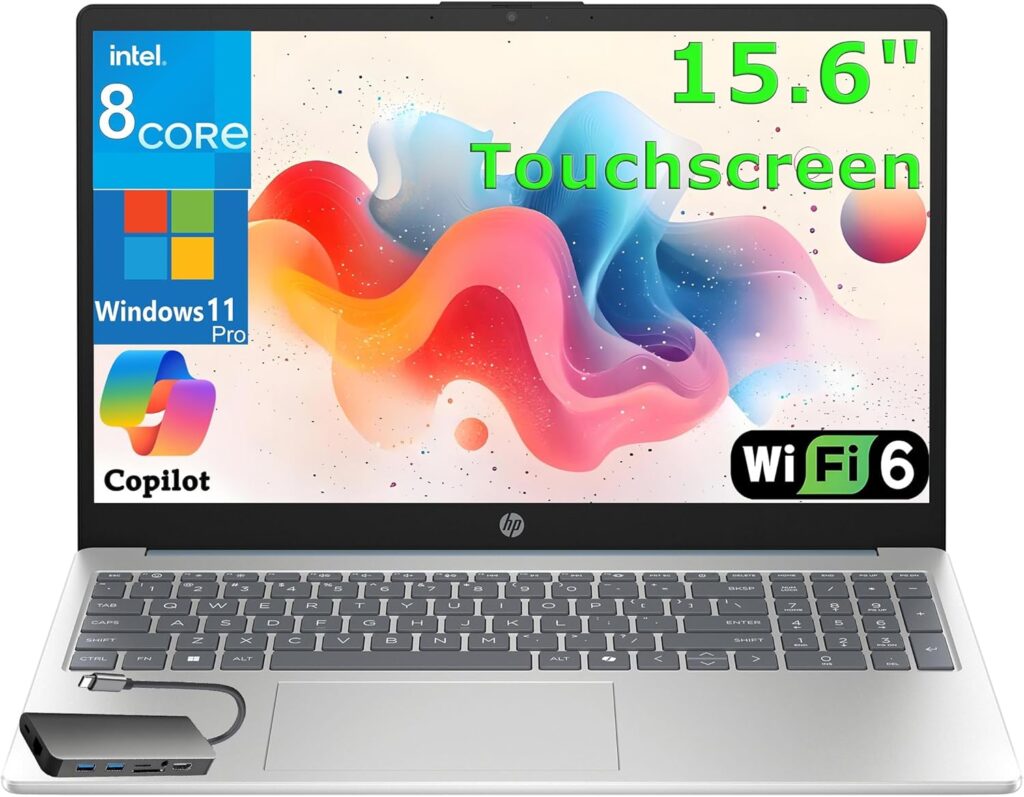 HP 15.6″ Touchscreen Laptop Computer for Business Home, 8GB DDR4 RAM, 256GB PCIe SSD, Intel Processor Octa-Core, FHD, WiFi 6, Bluetooth 5.4, Numeric Keypad, Moonlight Blue, Windows 11 Pro, 8 in 1 HUB