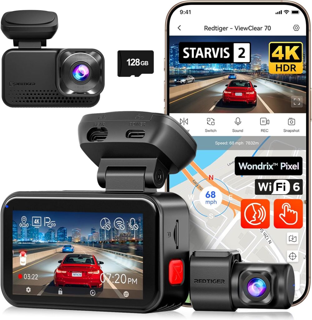 REDTIGER ViewClear 70 4K+2.5K Dash Cam Front and Rear, STARVIS 2 IMX678 x Noctura™ Sensor, Dual HDR Hyper Night Clarity, 5.8GHz WiFi 6, 30MB/S Fast Download, Dash Camera with 24H Parking Monitor