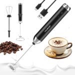 HAUSHOF Powerful Rechargeable Milk Frother Wand with Stand, Handheld Electric Foam Maker, Drink Mixer with 2 Detachable Stainless Steel Whisks 2 Speeds for Coffee Latte, Cappuccino, Matcha, Black