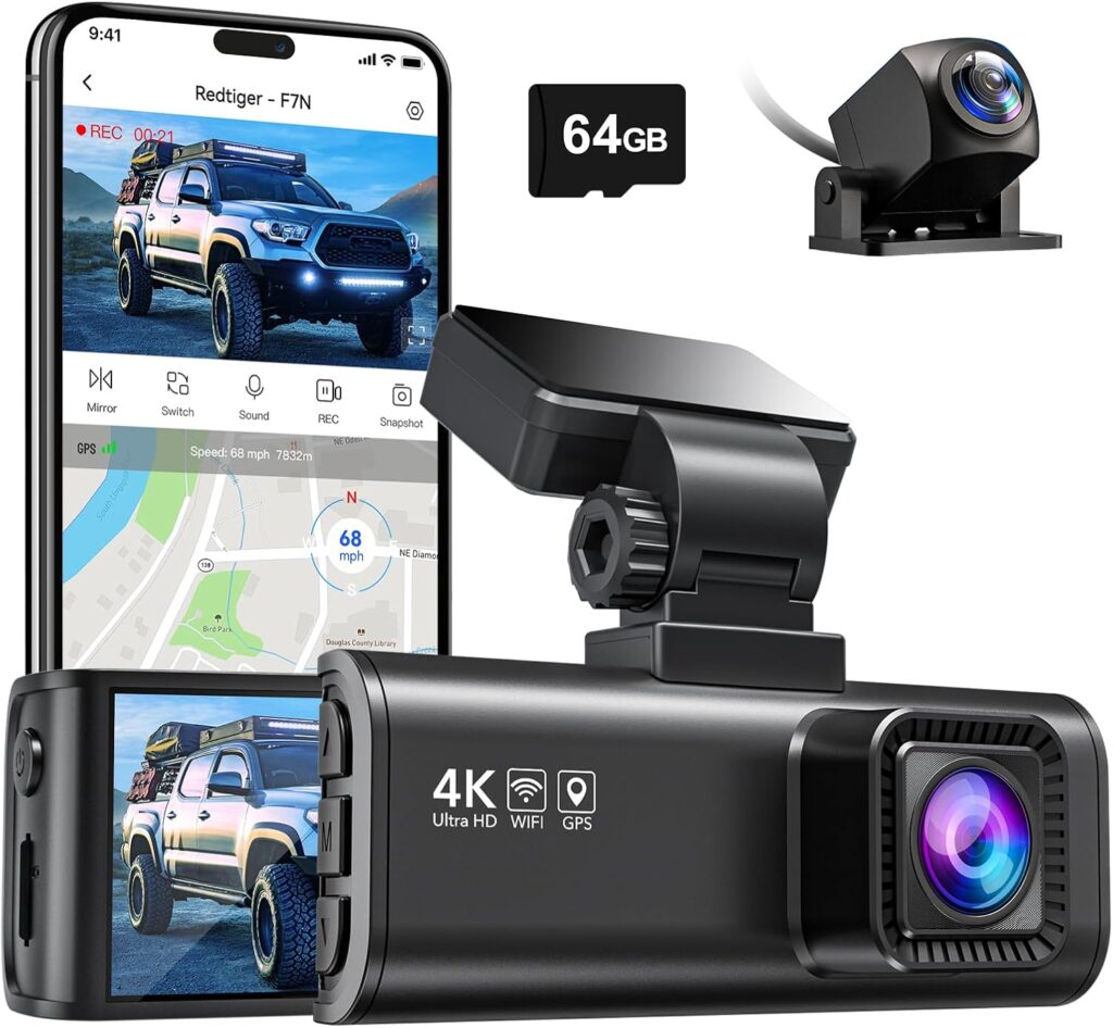 REDTIGER F7N 4K Dual Dash Cam with 64GB Card, Built-in WiFi GPS Front 4K/2.5K and Rear 1080P Dual Dash Camera for Cars,3.18 inch Screen,170° Wide Angle, Parking Monitor, Support 256GB Max