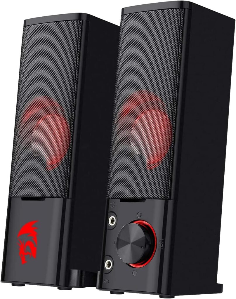 Redragon GS550 PC Gaming Speakers, 2.0 Channel Desktop Computer Sound Bar with Compact Maneuverable Size, Headphone Jack, Quality Bass & Decent Red Backlit, USB Powered w/ 3.5mm Cable