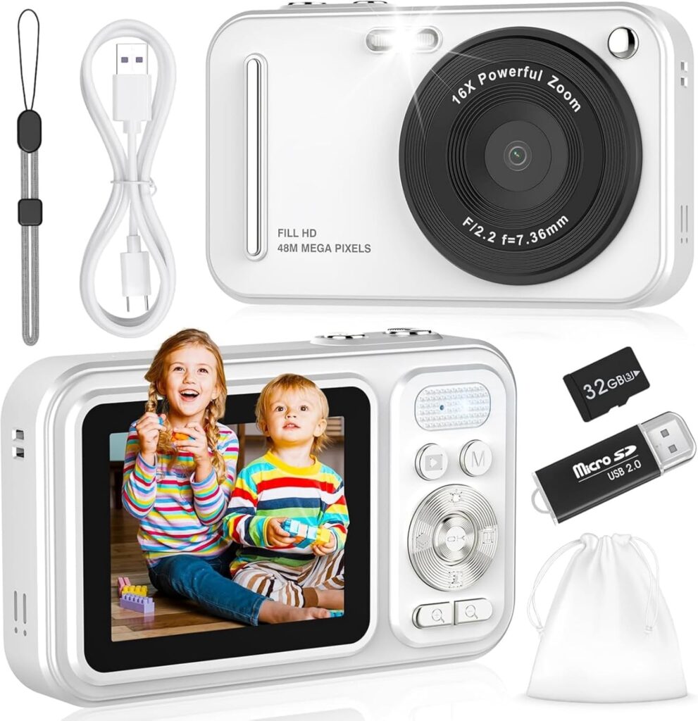 Digital Camera for Kids, WITYEAH 48MP FHD Point and Shoot Digital Cameras with 16X Zoom Anti-Shake, Compact Portable Cameras for Photography, for Boys Girls Teens Beginners, White