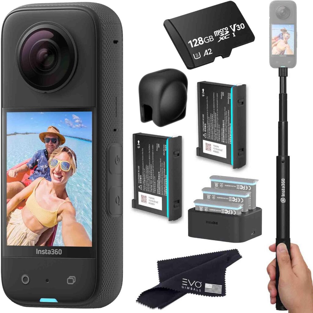 Insta360 X3 Battery Bundle- Waterproof 360 Action Camera Bundle Includes Extra 2 Batteries, Charger, Invisible Selfie Stick, Lens Cap & 128GB Memory Card