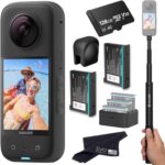 Insta360 X3 Battery Bundle- Waterproof 360 Action Camera Bundle Includes Extra 2 Batteries, Charger, Invisible Selfie Stick, Lens Cap & 128GB Memory Card