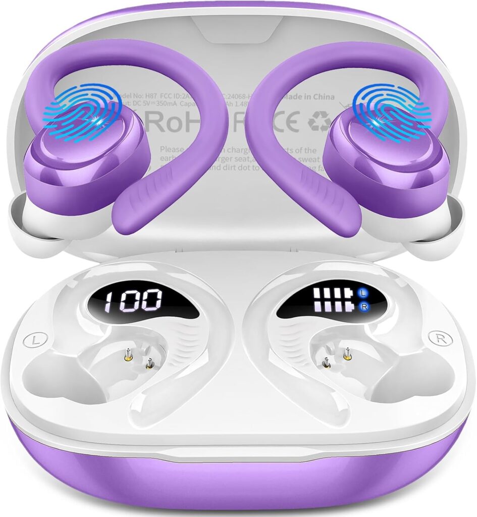 Wireless Earbuds Sport, 2025 Bluetooth 5.4 Headphones with Earhooks, 50H Stereo Deep Bass Over Ear Buds with 4 ENC Noise Canceling Mics, IP7 Waterproof Earphones for Running Workout Gym -Purple