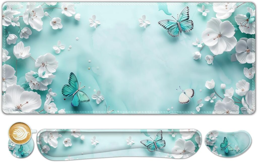 ToLuLu Large Mouse Pad Desk Pad Set, Wrist Rest Support Desk Mat for Keyboard and Mouse, 4PCS 35.4”x15.7 XXL Giant Mouse Pad, Non-Slip Base Stitched Edges Mousepad for Home Office, Teal Butterfly
