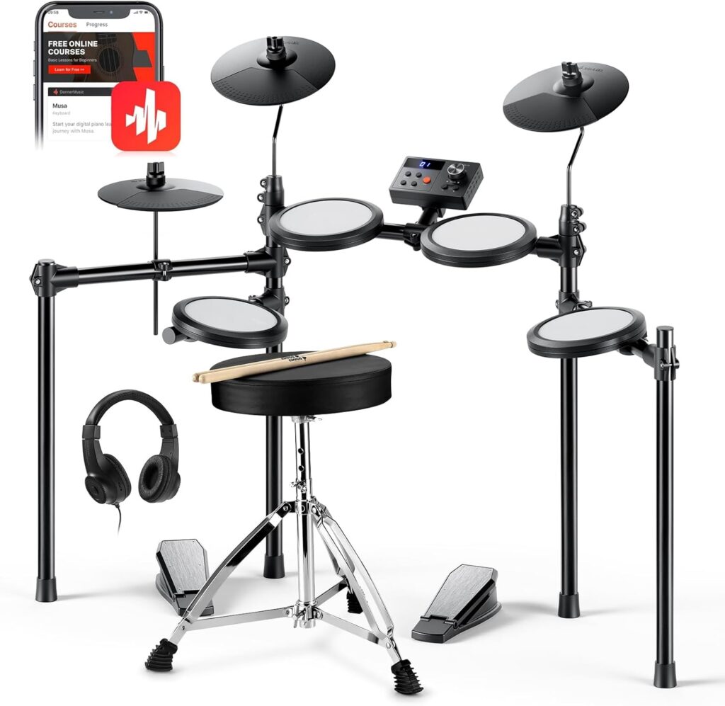 Donner Electric Drum Set, DED-70 Electronic Drum Kit for Beginner with 150 Sounds, 4 Quiet Mesh Pads, 9″ Cymbals, USB MIDI, Type-C Charging, 2 Pedal, Throne, Headphones, Sticks, Melodics Lessons