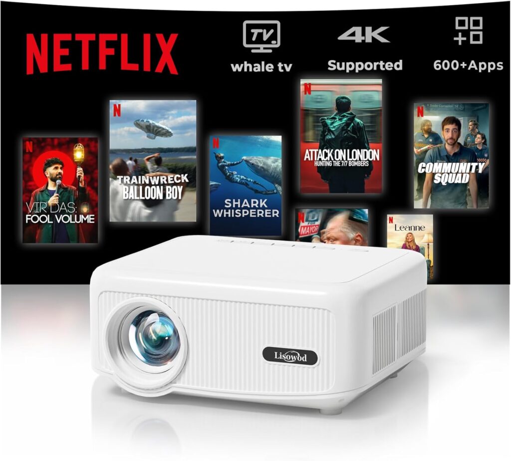 Projector with WiFi and Bluetooth [for Netflix & 600+ Native Apps & 1200 ANSI] Outdoor-Projector: Electric Focus & 4P Keystone, Lisowod L02 1080P Portable-Mini-Movie-Projector with Whale TV