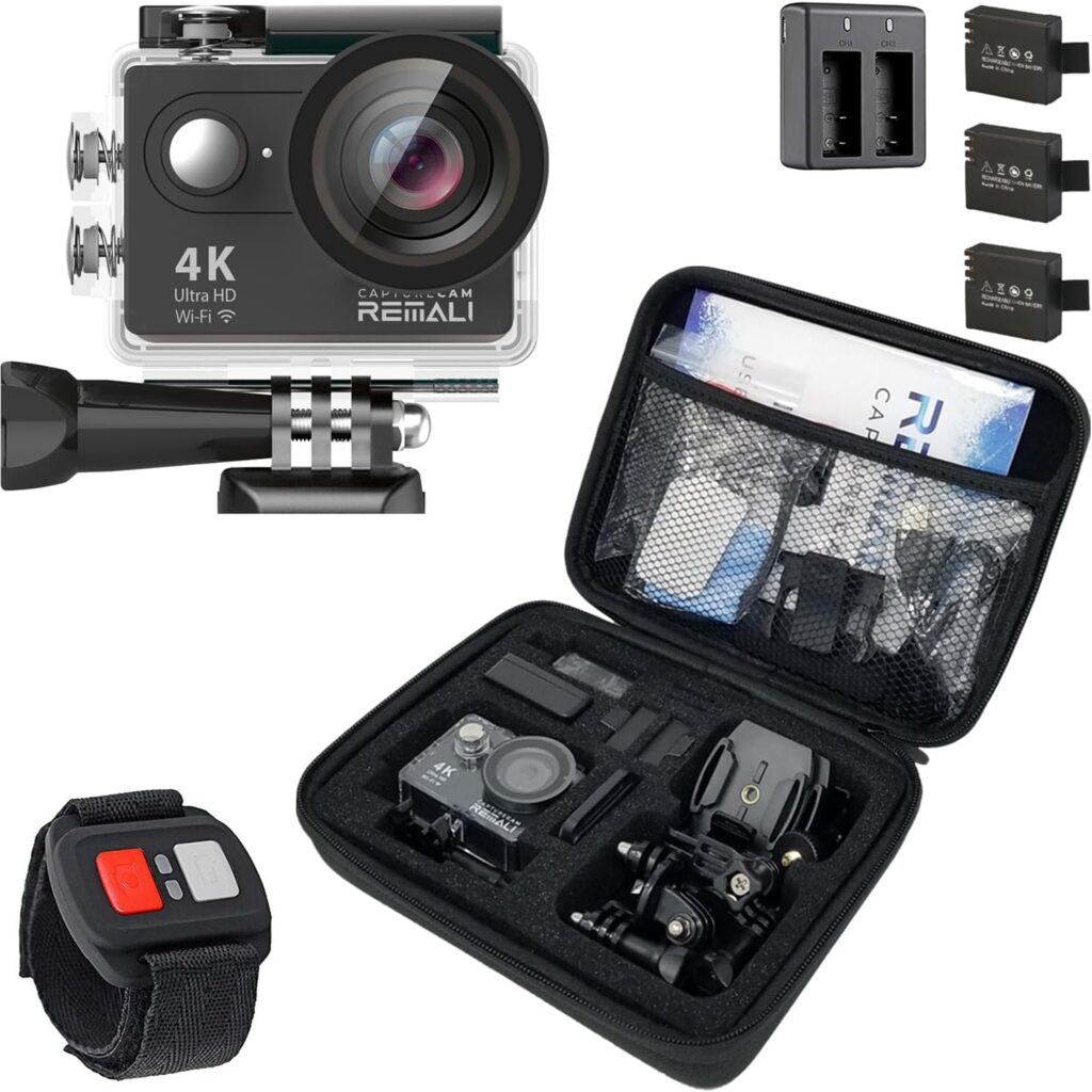 REMALI CaptureCam 4K60FPS Waterproof Action Camera 21-Piece Complete Kit and 3 Batteries — Amazing Family Sports Camera That Captures Best Moments — Great for Baseball, Fishing & Travel Adventures
