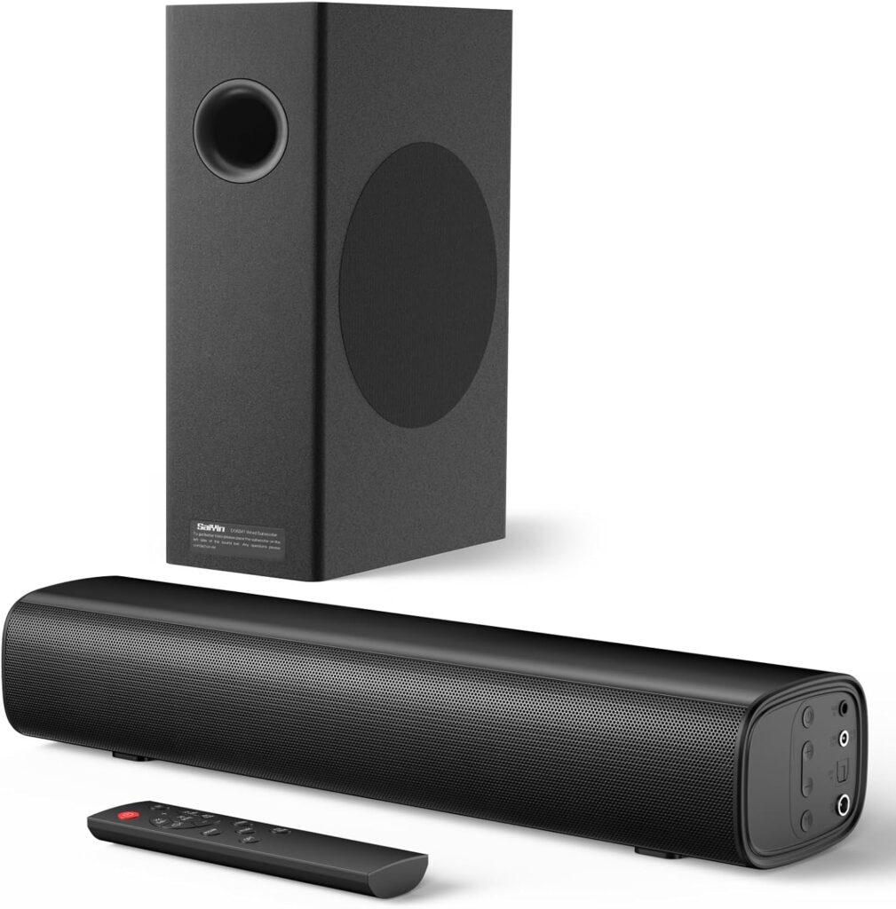 Saiyin Soundbar with 4” Subwoofers – 70W Rounded-Edge Subwoofer & Compact Soundbar for TV, 2.1 Audio Enhanced Surround Sound System for TV, Bluetooth/Optical/AUX Connection for TV/PC