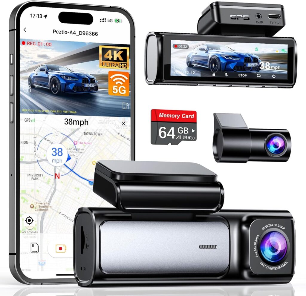 4K Dash Cam Front and Rear, Built-in 5G WiFi GPS, 64GB Card Included, 3.59” IPS Screen Dash Camera for Cars, Dual Dashcam with G-Sensor, Loop Recording, WDR, Night Vision, 24H Parking Monitor