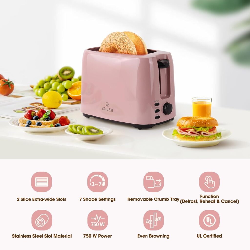 iSiLER 2 Slice Toaster, 1.3 Inches Wide Slot Bagel Toaster with 7 Shade Settings and Double Side Baking, Removable Crumb Tray, Defrost Cancel Function Pink