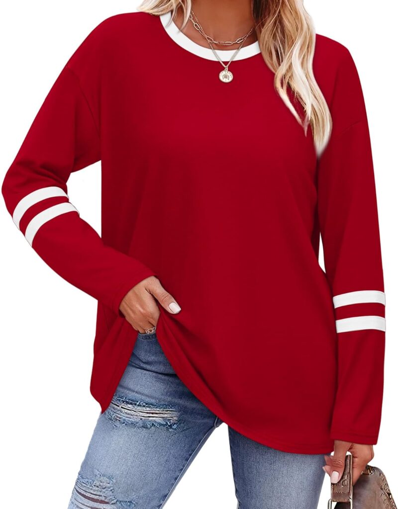 Sampeel Long Sleeve Shirts for Women Color Block Casual Tops Fall Outfits 2025 Basic Tees Trendy Clothes