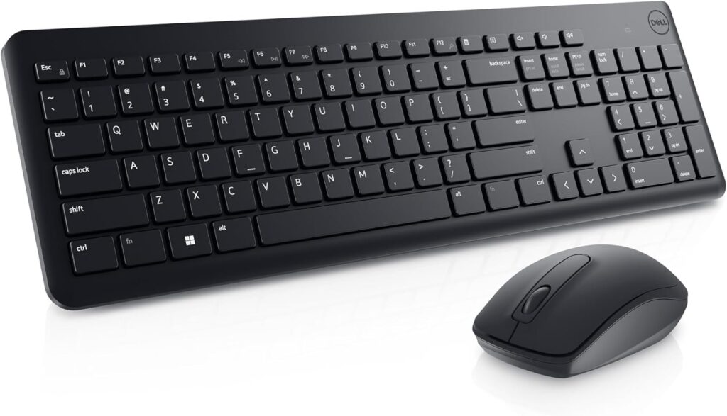 Dell Wireless Keyboard and Mouse – KM3322W, Wireless – 2.4GHz, Optical LED Sensor, Mechanical Scroll, Anti-Fade Plunger Keys, 6 Multimedia Keys, Tilt Leg – Black