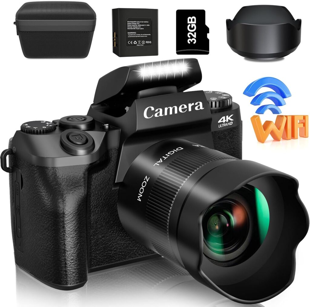 Saneen Digital Camera, 4k Cameras for Photography & Video, 64MP WiFi Touch Screen Vlogging Camera for YouTube with Flash, 32GB Card, Lens Hood, 3000mAH Battery, Front and Rear Cameras – Black