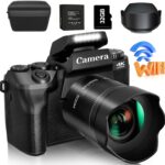 Saneen Digital Camera, 4k Cameras for Photography & Video, 64MP WiFi Touch Screen Vlogging Camera for YouTube with Flash, 32GB Card, Lens Hood, 3000mAH Battery, Front and Rear Cameras – Black