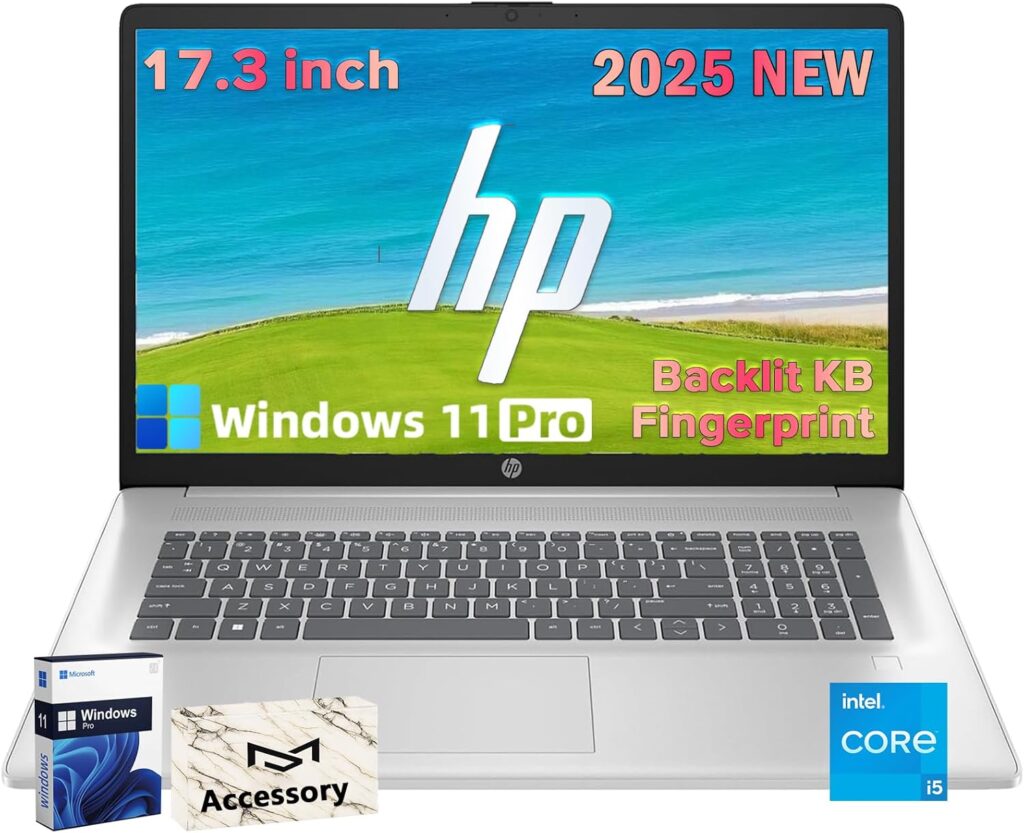 HP 2025 17.3” Laptop Computer for Business, Windows 11 Pro, Intel 10-Core i5(Up to 4.6 GHz), Backlit KB, Fingerprint, 17.3″ HD+ 250 BrightView nits, 32GB RAM, 1TB SSD, Fast Charge, Numeric Pad