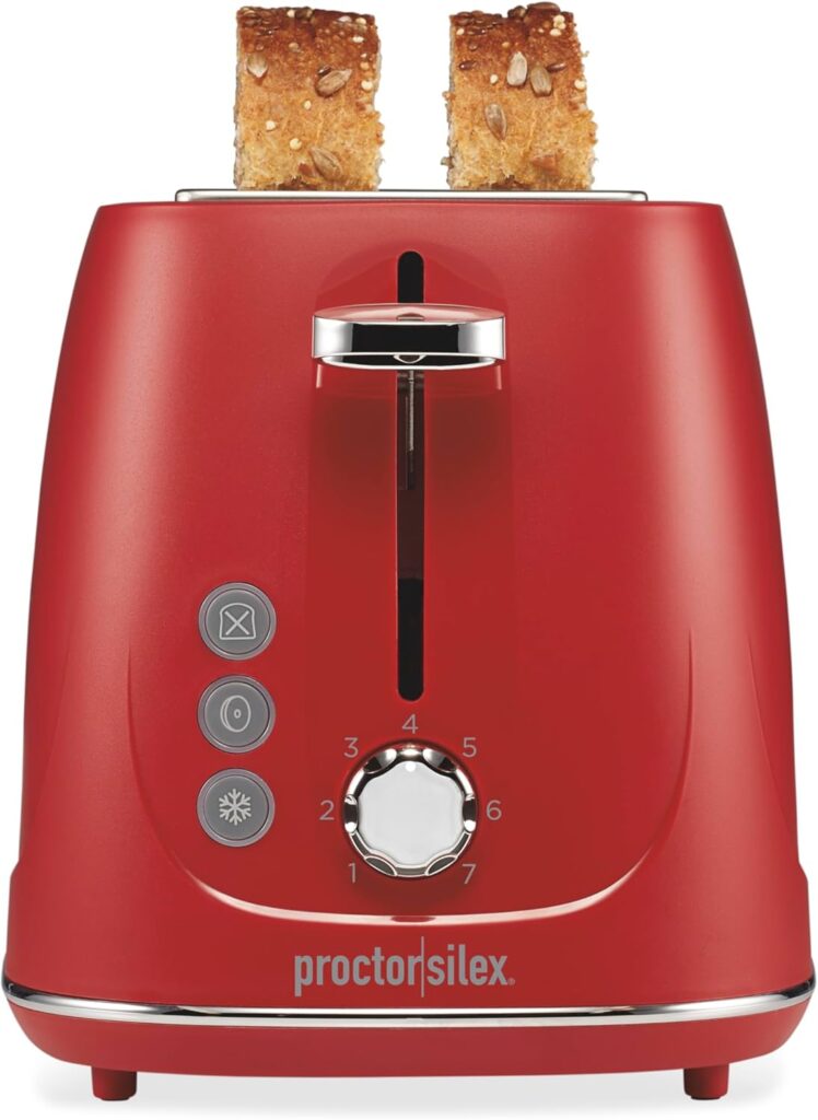 Proctor Silex Plastic 2 Slice Toaster, Bagel, Defrost & Cancel Buttons, Browning Control With 7 Shades, Auto Shutoff, Slide-Out Crumb Tray, Red (22661)