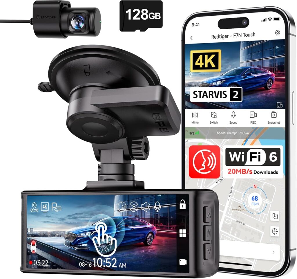 REDTIGER 4K Dash Cam Front and Rear, STARVIS 2 Sensor, Touch Screen 3.18″, 128GB Card Included, Voice Control, 5.8GHz WiFi Car Dash Camera, GPS, Night Vision, Emergency Lock, Parking Mode (F7N Touch)