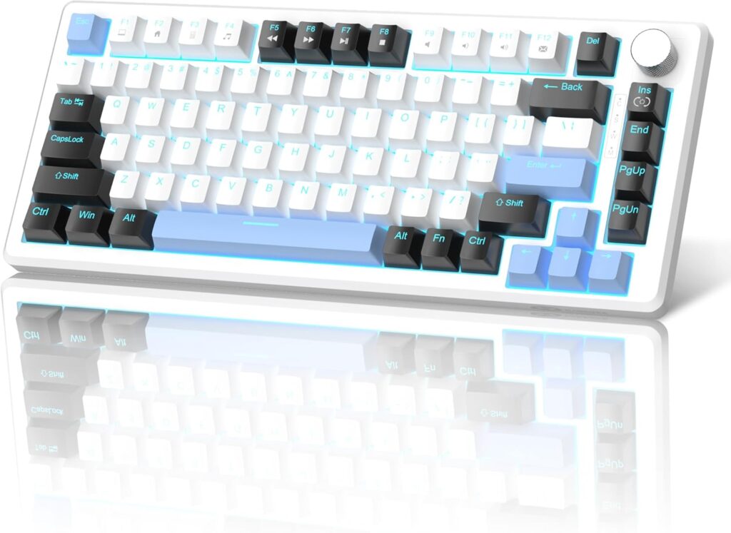 MageGee 75% Mechanical Gaming Keyboard, Compact Blue Backlit Wired Gaming Keyboards with Brown Switches, EVA Foam, Knob Control, STAR75 Portable NKRO PC Gaming Keyboard – White & Blue