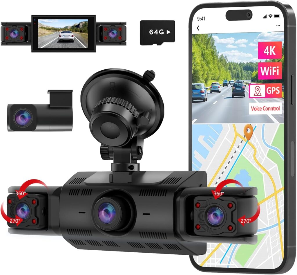 CATCATCH 4 Channel Dash Cam 360° View,4K Front and Rear Dash Camera for Cars,WDR Night Vision,Smart Voice Control,Built-in WiFi&GPS,G-Sensor,24H Parking Mode,Free 64GB SD Card,Suction Cup