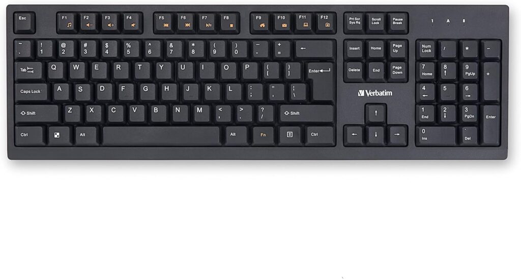 Verbatim Slimline Wireless Keyboard 2.4GHz USB Plug-and-Play Numeric Keypad Adjustable Tilt Legs Wireless Full-Size Computer Keyboard Compatible with PC, Laptop -Frustration Free Packaging Black 70738