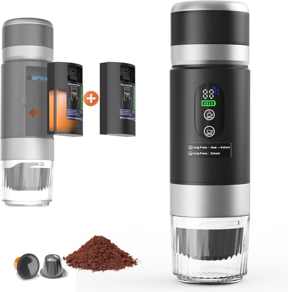 Portable Coffee Machine w/ 2 Rechargeable Batteries, 8 Cups, 80ml Self-Heating, 20bar, USB-C, Espresso coffee Maker for Camping Travel Office, Ground & Capsule Compatible