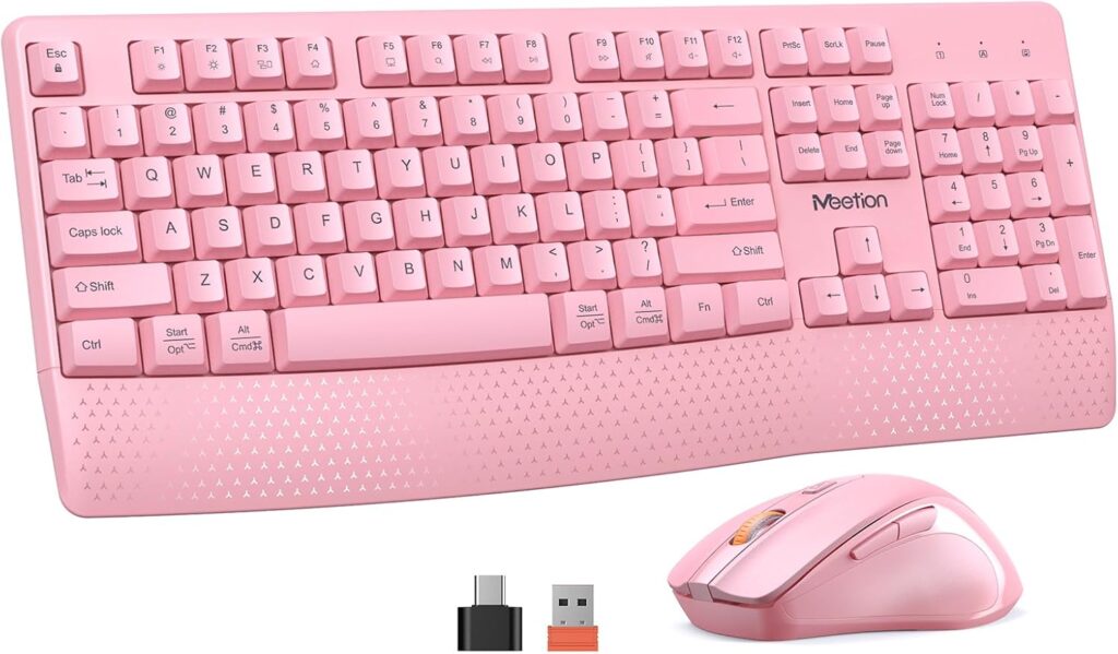 MEETION Wireless Keyboard and Mouse, Full-Sized Cordless Keyboard with Wrist Rest and 3 DPI Adjustable Mouse, Keyboard and Mouse Set with 2.4GHz USB Receiver, for PC/Computer/Laptop/Windows/Mac, Pink