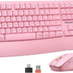 MEETION Wireless Keyboard and Mouse, Full-Sized Cordless Keyboard with Wrist Rest and 3 DPI Adjustable Mouse, Keyboard and Mouse Set with 2.4GHz USB Receiver, for PC/Computer/Laptop/Windows/Mac, Pink
